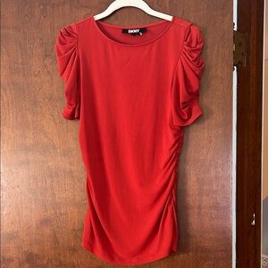 DKNYC Red Ruched Sleeve Blouse